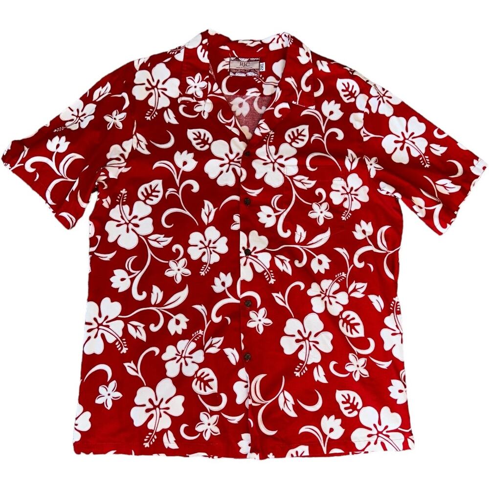 NWOT RJC Made In Hawaii Red Hibiscus Flower Button Front Short Sleeve Shirt 2XL